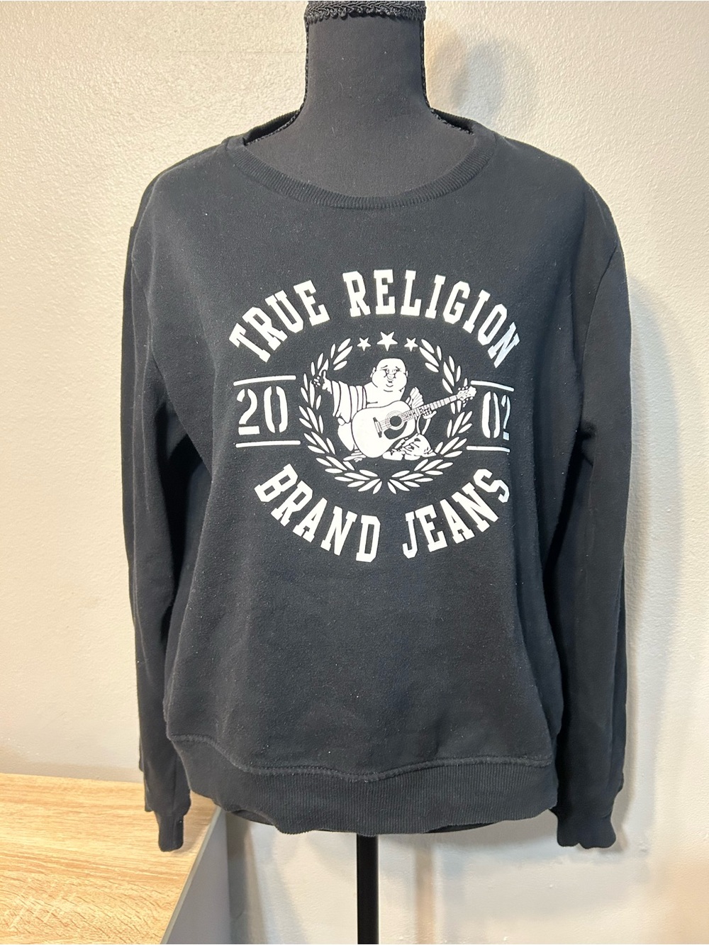 True Religion Women’s XL Black Buddha 2002 Graphic Crewneck Sweatshirt Y2K